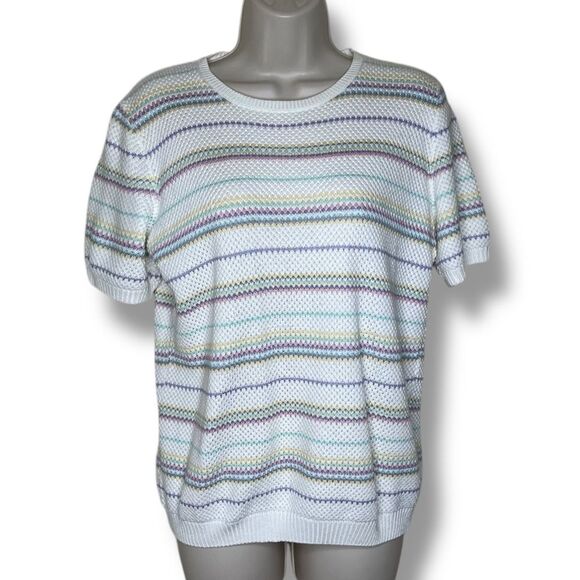 Vintage Alfred Dunner Pastel Stripe Sweater Round Neck Short Sleeve Women Medium - Picture 1 of 11